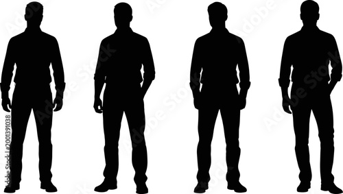 Male full body silhouette set showing standing poses of men in casual outfit isolated on white background for design