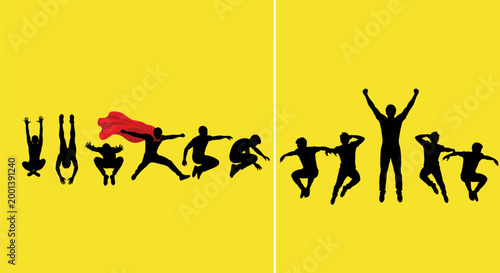People jumping silhouettes set showing energetic poses with one superhero cape figure isolated on bright yellow background for creative design