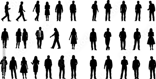 People silhouettes mega set featuring walking standing and casual poses of men and women isolated on white background for design