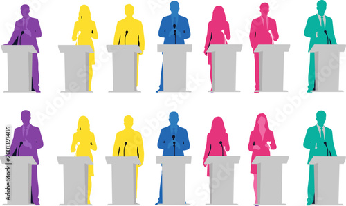 Politician silhouettes speaking at podium set with diverse speakers giving speech isolated on white background for presentation design