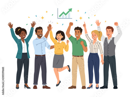 A vibrant and diverse team joyfully celebrating their significant business achievements and upward growth trend, symbolizing successful collaboration and collective triumph
