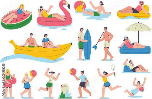Summer beach people set, vacation activities collection with swimming surfing relaxing sunbathing inflatable floats and seaside fun