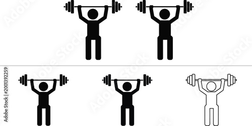 Weightlifting icons set with stick figures lifting barbell overhead representing strength training and fitness isolated on white background