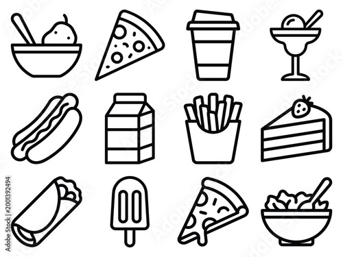 Assorted food and beverage outline icons collection featuring snacks fast food desserts and meal components, beverage