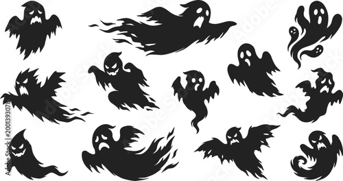 Collection of various spooky ghost silhouettes on white background for halloween