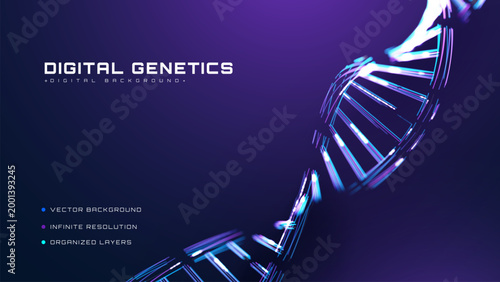 Abstract digital genetics background with blue glow dna helix. Advanced science tech concept presenting 3d purple neon line. Vector illustration of dark biology structure and bright light dot.