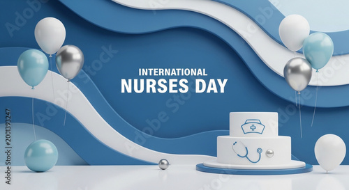 International Nurses Day, nurse appreciation, medical celebration, blue balloons and cake