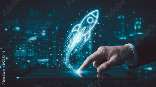 Businessman touching tablet to launch glowing digital rocket, business startup concept for innovation, strategy, technology growth, online success, transformation, and future vision.