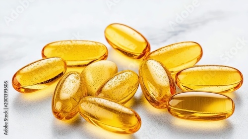 vitamin D, Transparent golden capsules glowing in light on fine sand surface, minimal style, warm yellow background, concept of health and vitality.