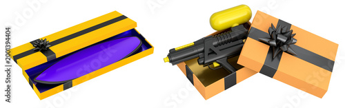 Set of surfboard and paintball gun placed in open gift boxes with ribbons, isolated on white background, concept of unusual gifts
