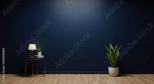 minimalist nightstand with lamp and potted plant on wooden floor against dark blue wall