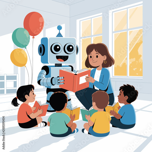 Robot Teacher Reading Book to Children in Classroom