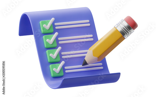 3d illustration of a checklist with green checkmarks and a yellow pencil on a blue paper isolated on transparent background