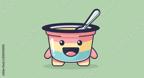 Colorful cartoon yogurt character in pastel rainbow colors with spoon for food branding