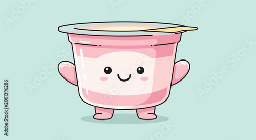 Cute pink yogurt cup with spoon in pastel colors on light blue background for food branding