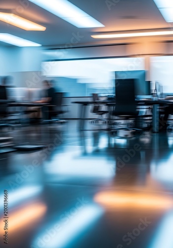 Blurred motion shot of a modern open-plan office with employees working at desks, reflecting bright overhead lights on a polished floor.