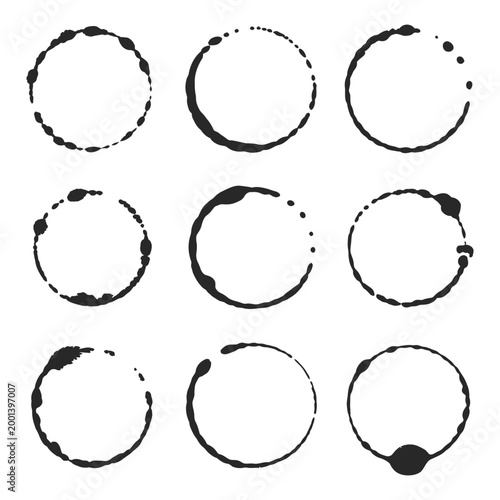 Coffee Cup Bottom Stain, Grunge Circle Print Ring, Realistic Splash Mark Texture, Isolated Coffee Ring Stain for Vintage Design, Dirty Mug Print Effect