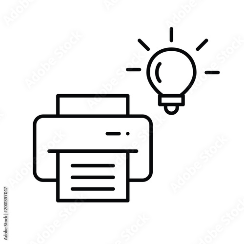 Printer with file document and light bulb. Digital and printing innovation. Pixel perfect, editable stroke vector icon