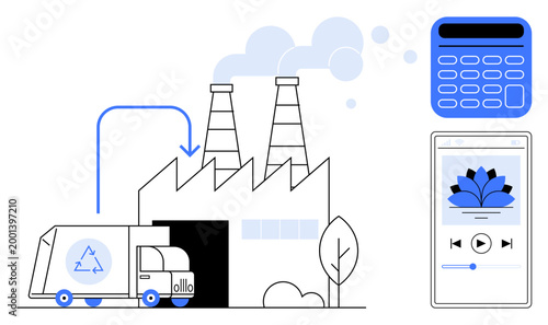 Environmental sustainability, industrial efficiency, waste management, recycling processes, technological innovation, eco-friendly practices. A recycling truck at a factory. Sustainability