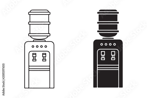 Office water cooler dispenser icon set with water bottle isolated on white background.