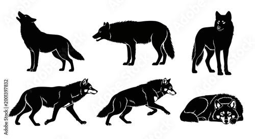 Wolf Silhouette Set, Collection of Wild Animal Poses in Black and White