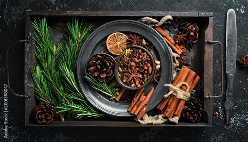 Cinnamon Sticks and Spices on Tray.