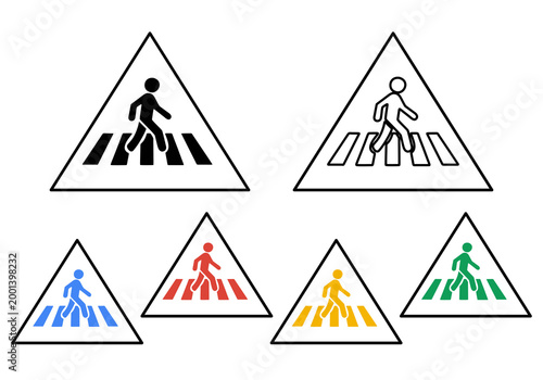 Pedestrian Crossing Sign Vector Icons Set with Colorful People Symbols on Zebra Road for Traffic Safety and Urban Navigation