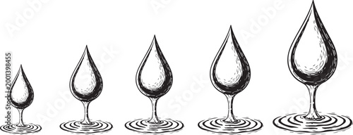 Hand drawn water drop sequence showing growth of liquid droplets in vintage etched style.