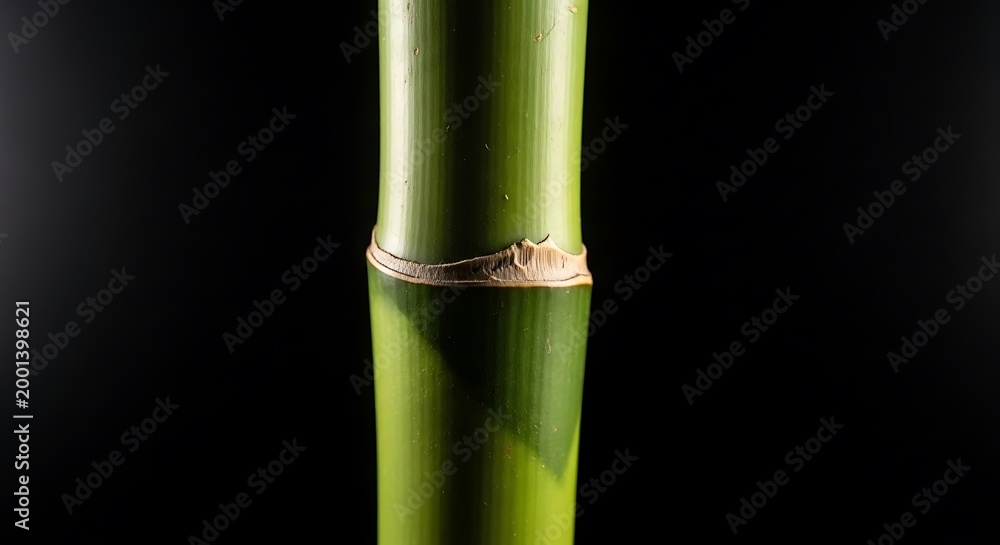 Fototapeta premium Bamboo stalk stands vertically against a deep black background color.