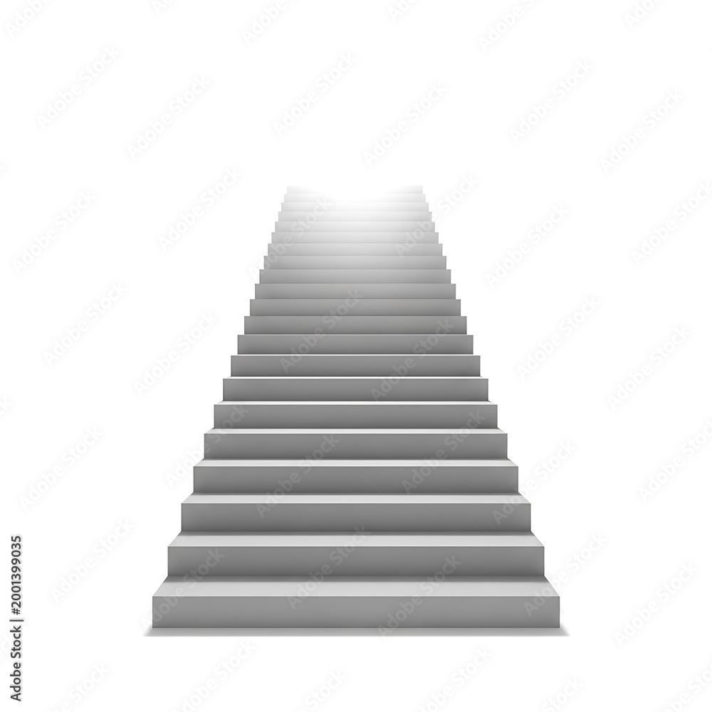 Fototapeta premium A gray staircase leads upwards to a bright light in a white background