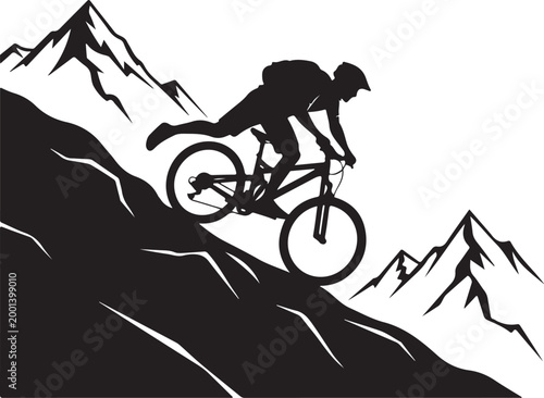 Black mountain bike rider silhouette, downhill cycling icon, adventure sports vector, mountain biking graphic