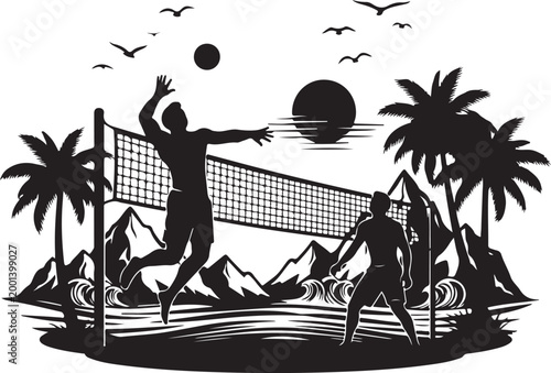 Beach volleyball vector, black silhouette illustration, tropical sport scene, summer recreation graphics