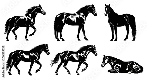Set of Black Silhouette Horses in Various Poses