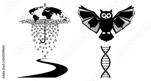 Black and white illustrations of globe with letters, owl, and dna
