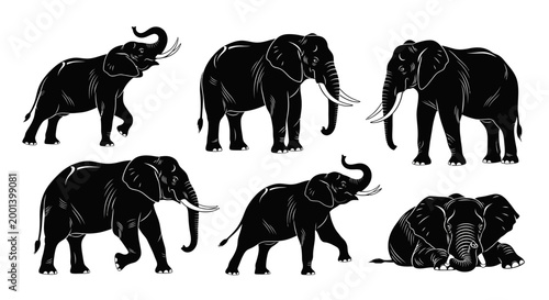Set of Elephant Silhouettes in Various Poses ? Wildlife Graphic Art