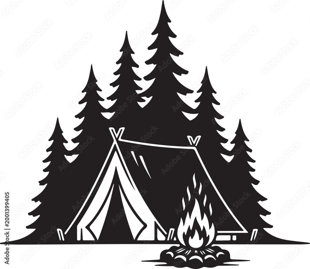 Obraz premium Camping, outdoor adventure, black and white, illustration, vector, tent, campfire, trees