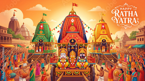 Rath yatra india festival colorful chariot procession illustration with jagannath balabhadra subhadra and crowd celebration for cultural greeting design use