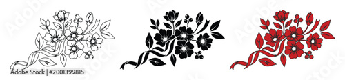 Vintage floral bouquet vector set, elegant flower arrangement silhouettes, black and red botanical line art illustrations for wedding invitation design