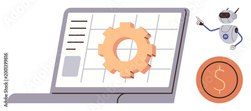 Automation, technology, finance, business management, tech innovation, digital solutions. Laptop screen with gear icon, robot figure and coin graphic. Automation and technology concept
