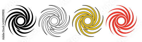 Abstract spiral vortex icons set, geometric circular swirl vector elements, dynamic radial motion graphics in black gold and red colors