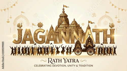 Jagannath rath yatra india festival golden typography with temple chariot and crowd silhouette for spiritual celebration branding and cultural design use