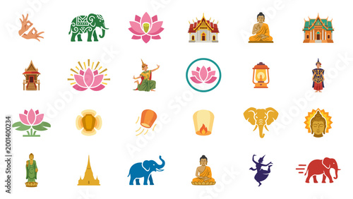 Thai Buddhist Culture Icon Set with Lotus Temple Buddha Elephant Lantern and Sacred Symbols