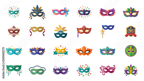 Carnival Masquerade Mask Icon Set with Mardi Gras Party Venetian and Festival Designs