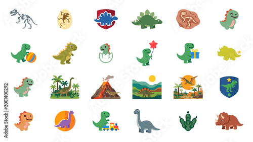 Cute Dinosaur Icon Set with Prehistoric Animals Fossils Volcano Eggs and Kids Toys