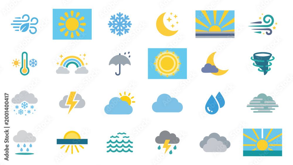 Fototapeta premium Weather Icon Set with Sun Clouds Rain Snow Wind Moon Storm and Forecast Symbols