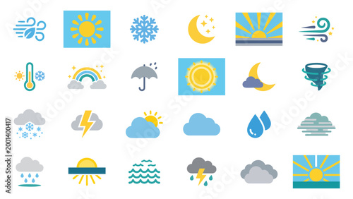 Weather Icon Set with Sun Clouds Rain Snow Wind Moon Storm and Forecast Symbols