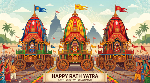 Rath yatra india festival colorful chariot procession with jagannath balabhadra subhadra and temple background for spiritual celebration greeting design use