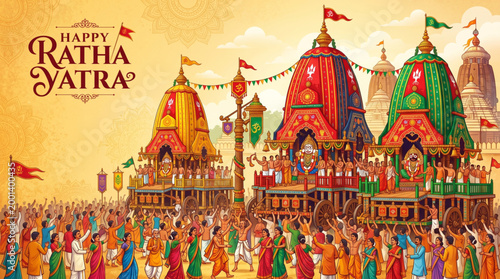 Rath yatra india festival vibrant chariot parade with devotees crowd and temple background in traditional illustration style for cultural celebration use