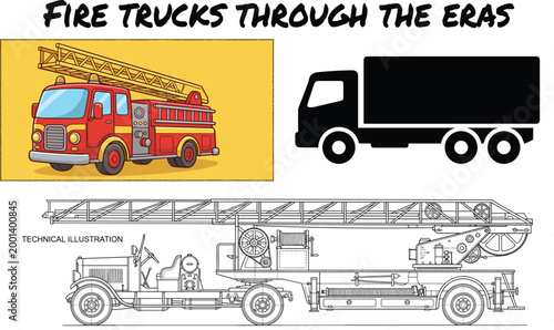 Fire trucks through the eras vintage ladder engine modern vehicle and technical illustration collection