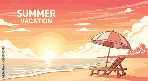 Summer vacation beach scene with umbrella.